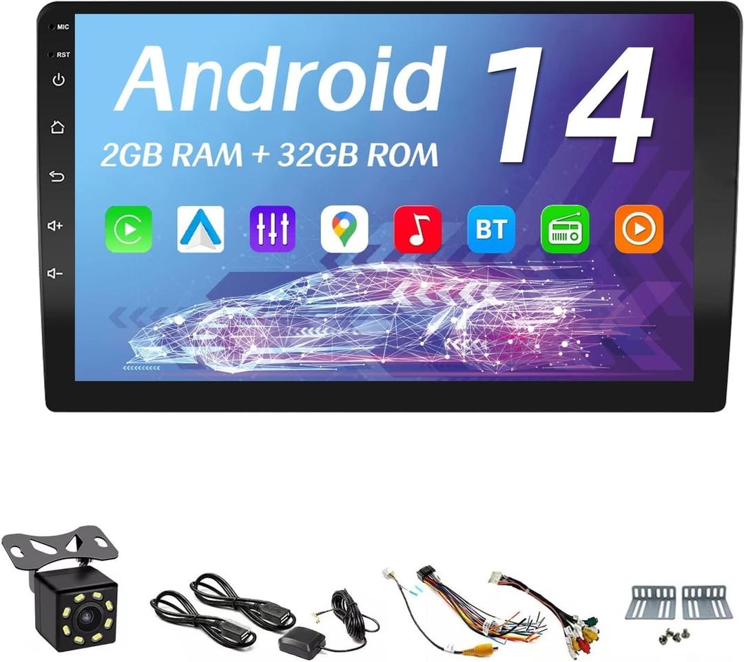 10 Inches Double Din Car Stereo, Apple CarPlay Screen, 2G+32G, Bluetooth Android Auto Screen with Backup Camera, Touch Screen, WiFi, Mirror Link, HiFi, GPS, FM