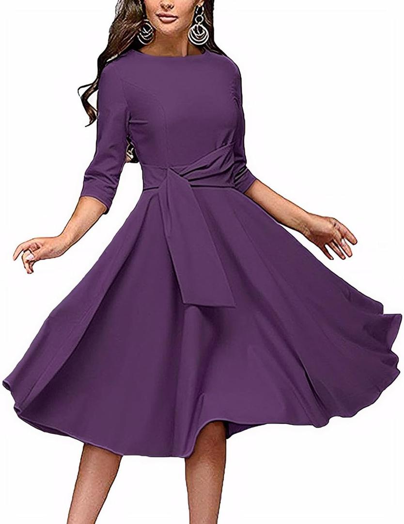 FENJAR Women's Formal Dresses Casual Wedding Guest Church Work Elegance Audrey Hepburn Style A-line Midi Dress(Z-Purple-L)