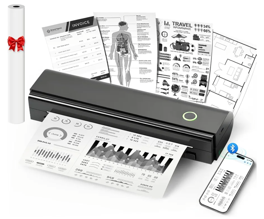 NDYIN Portable Printers Wireless for Travel, N80 Wireless Thermal Printer Bluetooth Inkless Printer Support 8.5" X 11" US Letter & A4, Compatible with iOS, Android, Laptop