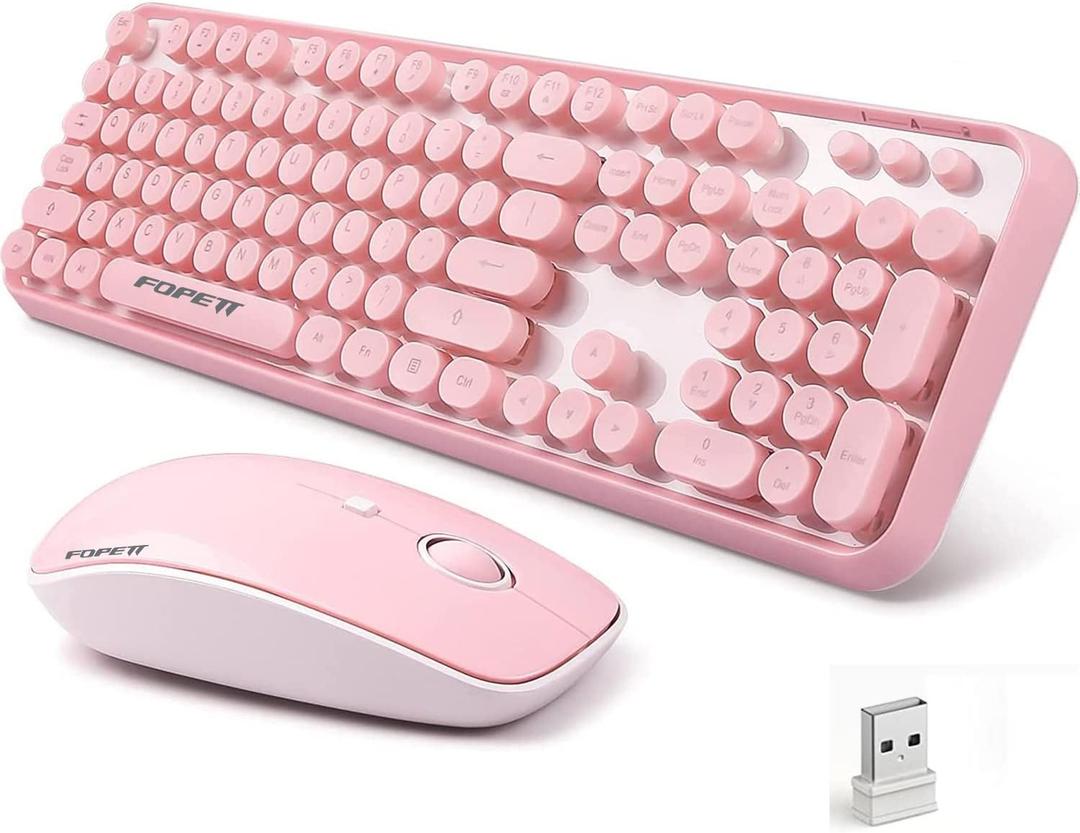 FOPETT Wireless Keyboard and Mouse Combo, 104 Keys FullSized 2.4 GHz Round Keycap Colorful Keyboards, USB Receiver Plug and Play, for Windows, Mac, PC, Laptop, Desktop (Pink)