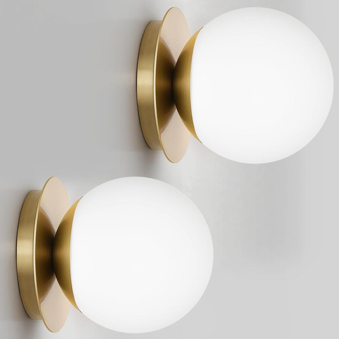 2 Pack Gold Wall Sconces Set of Two,Modern Bathroom Sconces with Milky Globe Glass, Sconces Wall Decor Set of 2 Wall Light for Bathroom Mirror Living Room Hallway (Bulbs not Included)