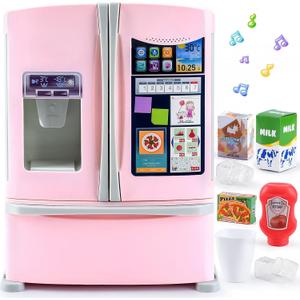 PLAY Kids Kitchen Refrigerator with Ice Dispenser, Pretend Kid Toy Fridge Kitchen Playset, Kitchen Appliance Accessories for Girl Boy Christmas Birthday Gift Age 3+, Pink