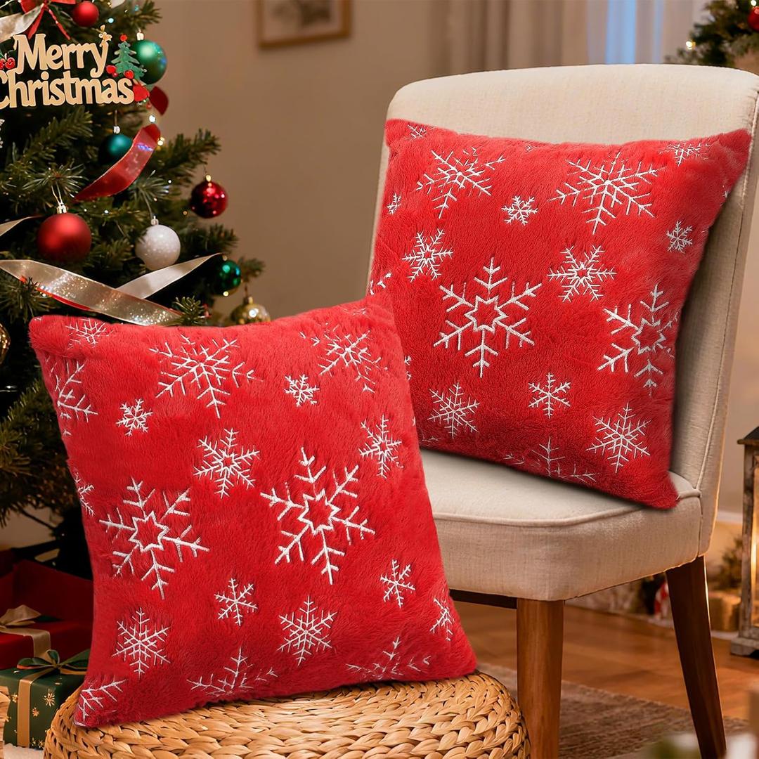 Feagar Christmas Pillow Covers 18x18 2-Pack, Xmas Decorations Soft Plush Faux Fur Wool Snowflake Throw Pillow Cases Holiday Festivals Winter Home Decor for Sofa Bedroom Living Room