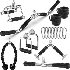 Cable Machine Attachment, LAT Pulldown Attachments, Home Gym Accessories, Triceps Pull Down Attachment (V Handle + Row Handle + Rotating Bar + Tricep Rope + Ankle Straps + D Handle + Curl LAT Bar)