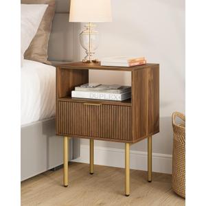Masupu Night Stand,Mid-Century Modern Bedside Table with Storage Drawer and Open Wood Shelf,Small Gold Frame Side Table for Bedroom,Living Room, Walnut