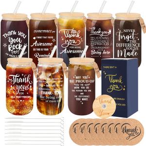 8 Set Employee Appreciation Gifts Glass Cups, Thank You Gifts for Staff Coworker 16oz Can Shaped Beer Glass Cups, Gift Box, Hanging Cards and Coaster Birthday Gift for Team Women Men Teacher Nurse