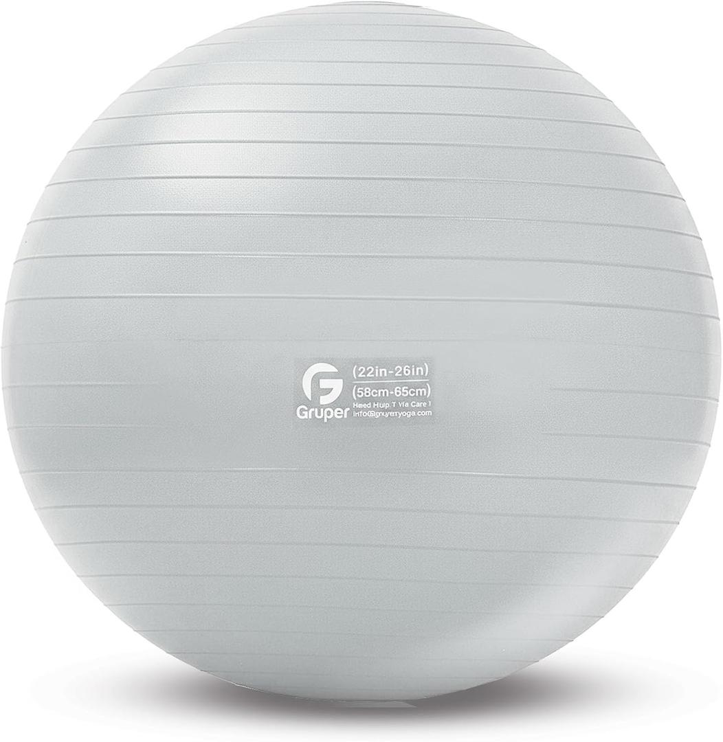 Gruper Yoga and Pilates Ball,4 Sizes Gym Ball for Fitness, Yoga, Workout, Pregnancy and Physical Therapy,Quick Pump Included,Great as Yoga Ball Chair for Office or Home Gym Equipment (L(26IN/65cm), sliver)