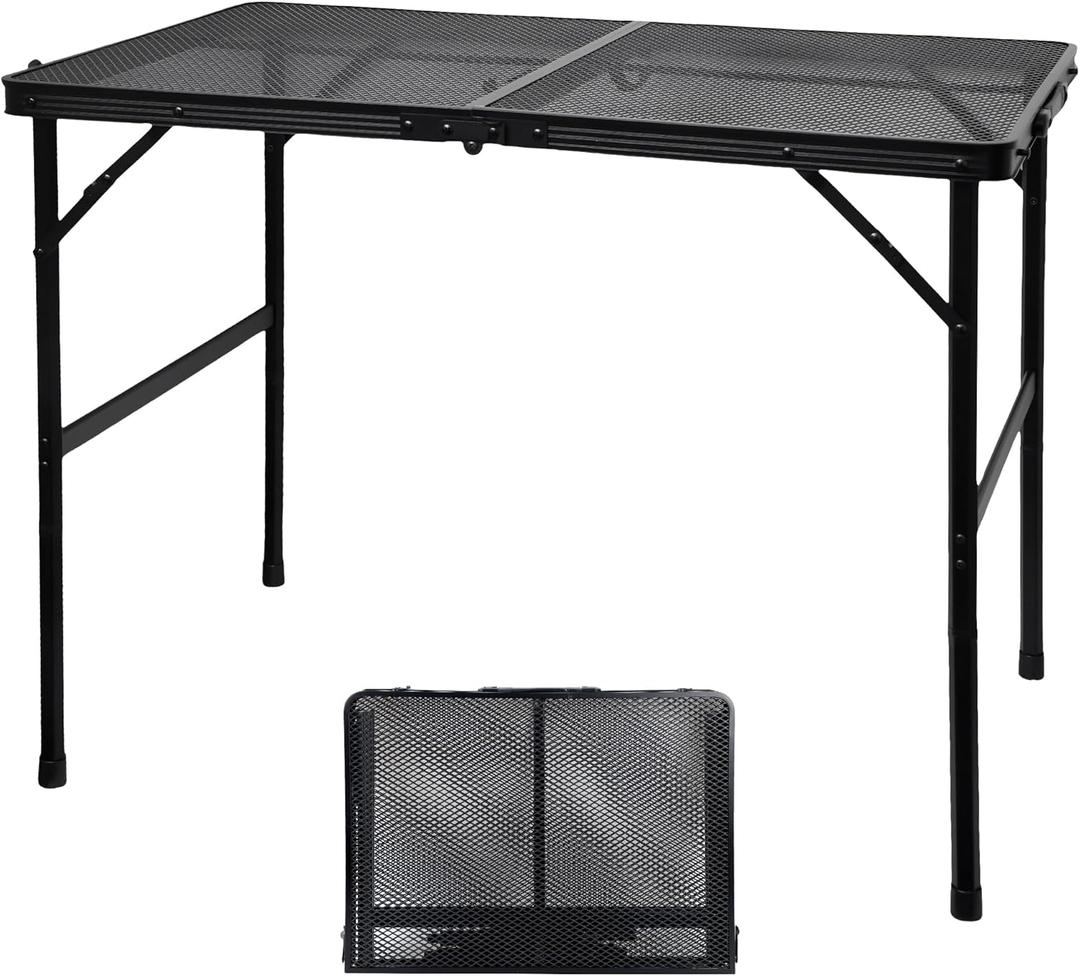 GREGIN Camping Table with Mesh Desktop, Lightweight & Portable Folding Grill Table, Height Adjustable Metal Outdoor Table for Camp, Cooking, BBQ, RV, Picnic-3 FT Black, M: 35.43"l X 23.62"w X 16.5"h/26"h