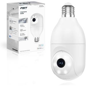 Feit Electric Smart Security Camera Bulb, 2K QHD Resolution, 2-Way Audio, Human Tracking, 350 Pan, Night Vision, Motion Alerts, E26 Base, Alexa/Google Assistant Compatible, CAM/PAN/WIFI/E26/2K (White)