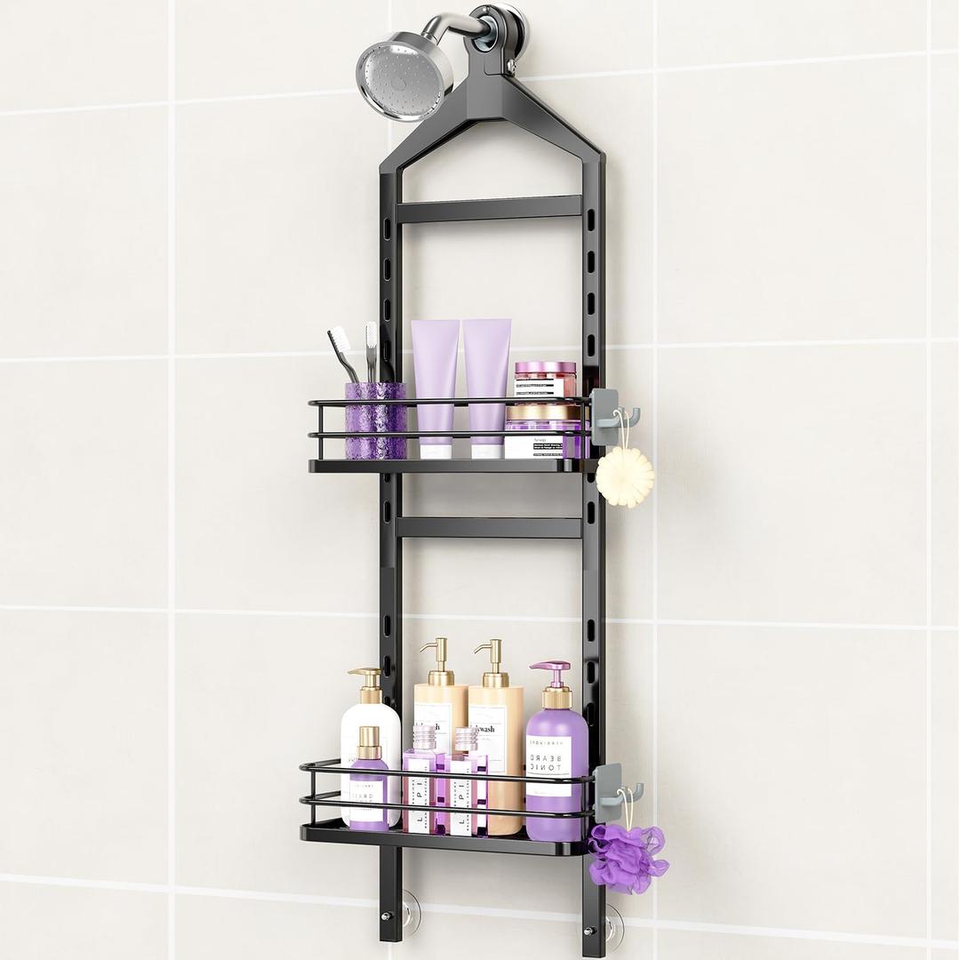 ODesign 2 Tier Height-Adjustable Shower Caddy Hanging Anti-Swing-Over The Shower Head Caddy-Shower Storage Organizer Bathroom Shelves Basket Rack Shower Caddies-Black