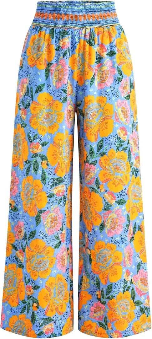 BTFBM Floral Wide Leg Pants Woman Spring Summer 2026 Smocked Elastic Waist Long Pant Resort Wear Beach Vacation Outfits(Light Blue, Large)