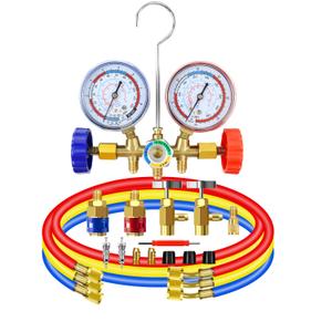 3 Way AC Manifold Diagnostic Gauge Set for R134a R404a, with 3 Feet Charging Hoses Quick Coupler Adapter and Can Tap, for Auto Air Conditioner Refrigerant Test and Recharge