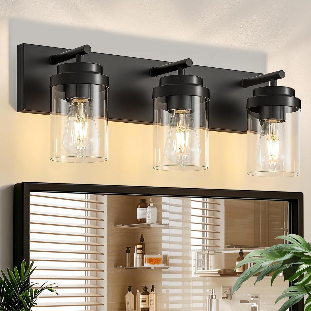 3-Light Bathroom Light Fixtures, Matte Black Vanity Lights