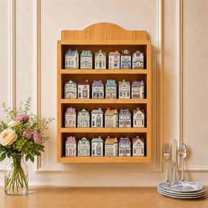 Farmhouse Spice Rack Wall Mounted, 4 Tier Wooden Spice Organizer Shelf for 24 House-Shaped Jars, Natural Wood Decorative Kitchen Shelf