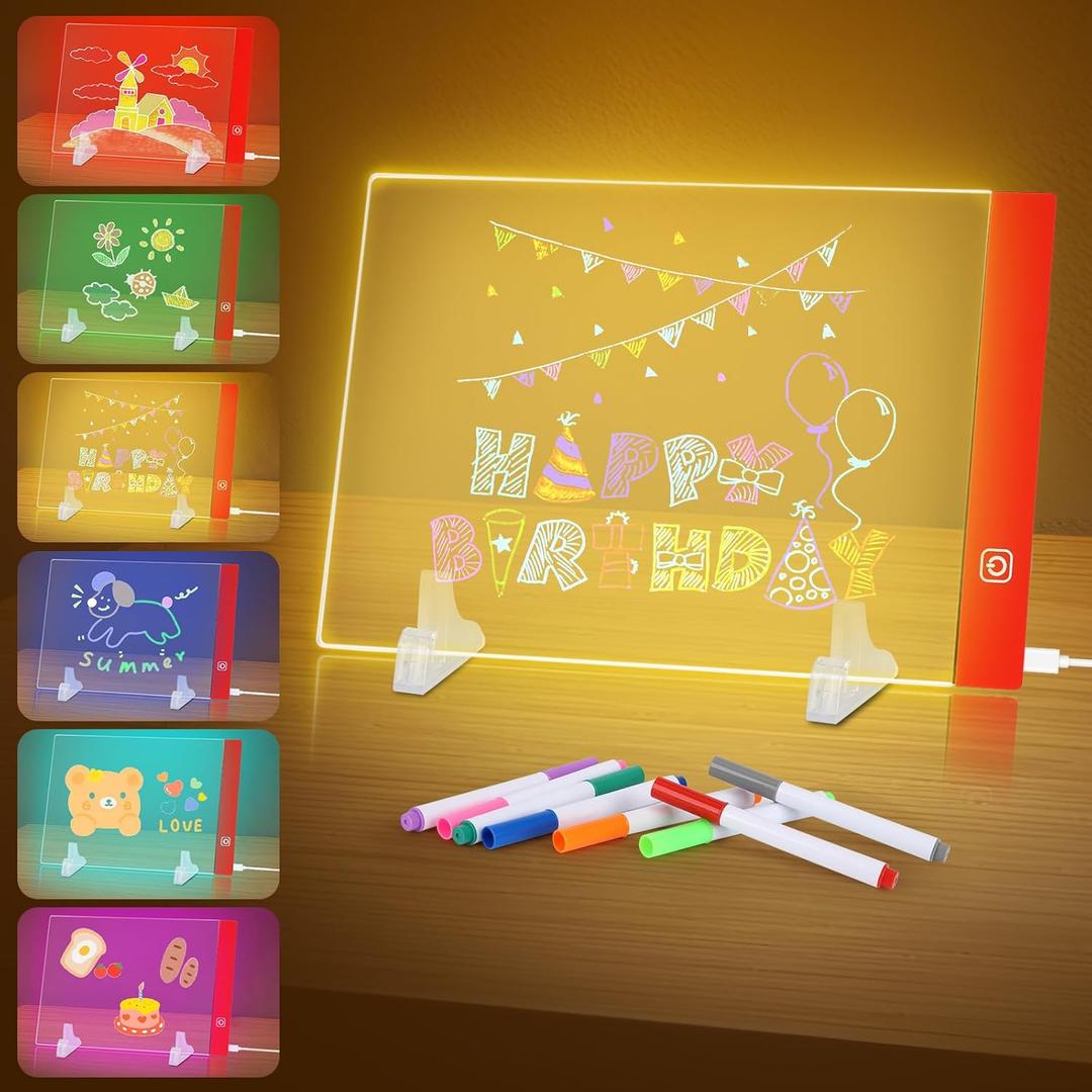 LED Drawing Board for Kids, LED Note Board, Dry Erase Board, 12"x8" with 6-Colors Neon Glow Light Up Acrylic Memo Message Board, Illuminated Acrylic Notepad with Touch Control.with Stand/Hanging