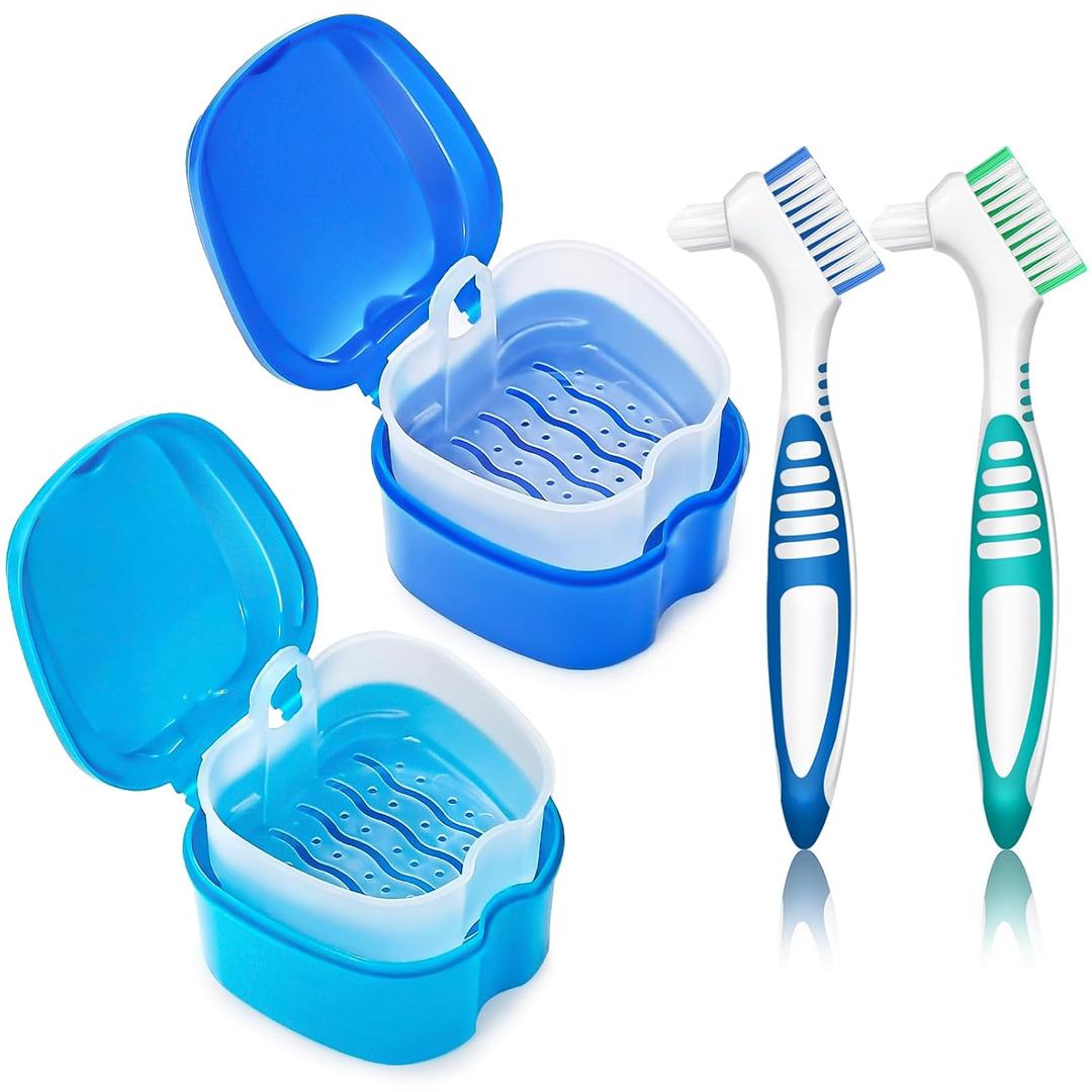 Denture Cups for Soaking Dentures, Partial Denture Holder Case Retainer Mouthguard Cleaning Box Case with 2 Small Brushes - Blue and Dark Blue