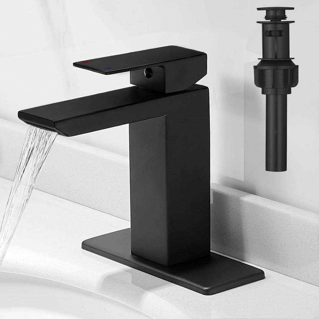 RUMOSE Matte Black Bathroom Faucets Set with Pop Up Drain Single Handle Bathroom Sink Faucet 1 & 3 Hole Waterfall Spout Vanity Faucet Kit with Deck Plate Rv Lavatory Basin Faucet, Stainless Steel