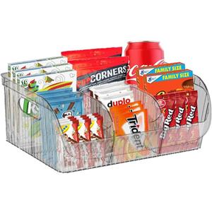 Large Snack Organizer for Countertop, Plastic Pantry Organizer and Storage Bin for Kitchen, 6 Compartment Food Container Snack Bar with Dividers, Chip Packet Holder for Office(Clear Black)