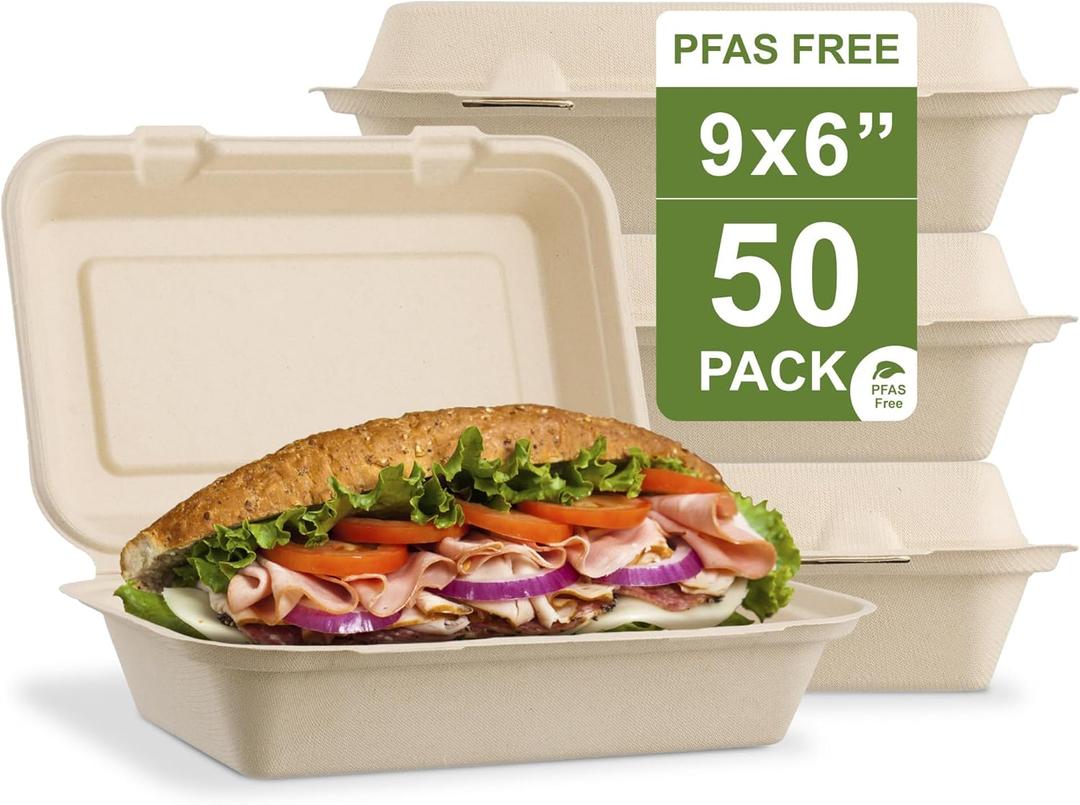 [50 COUNT]Harvest Pack PFAS FREE 9 X 6" Compostable Clamshell Food Containers, Heavy-Duty Hinged Container, Disposable Bagasse Eco-Friendly Natural Takeout to go Box, Made from Sugarcane Plant