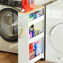 Utility Slim Storage Cart, 4-Tier Narrow Laundry Room Bathroom Organizers and Storage Cart, Metal Pantry Kitchen Organization Shelf with Wood Top, Slim Rolling Rack with Wheels for Small Space (White)