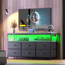 Huuger LED TV Stand for Bedroom, 47 Inch Dresser TV Stand for 43, 50, 55 Inch TV, Grey Black TV Stand with Storage, Entertainment Center with Power Outlets, 6 Drawer Fabric Dresser for Living Room