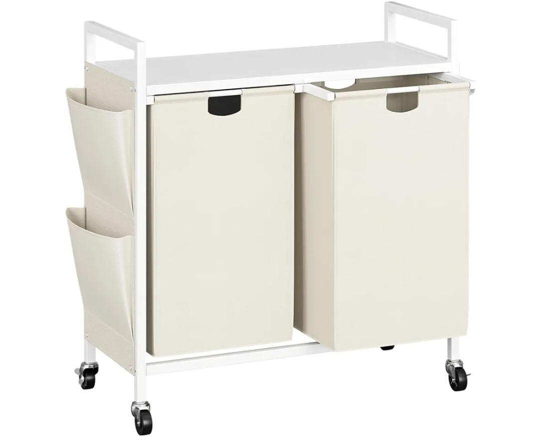 WOWLIVE Double Laundry Hamper with Lid,Rolling Laundry Basket Organizer with Wheels, IronMade Laundry Sorter with Top Shelf and 2 Removable Bags,Large Clothes Storage for Room,White