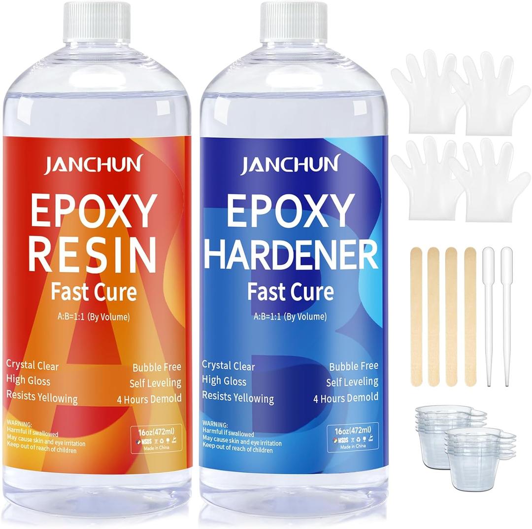 JANCHUN Crystal Clear Epoxy Resin Kit 32OZ, Bubble-Free, Anti-Yellowing, Self Leveling Easy Mix 1:1 Coating and Casting Resin for Table Top, Molds, Tumbler Crafts, Painting, Jewelry, DIY Gifts