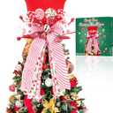 HMASYO Candy Cane Christmas Tree Topper, Velvet Red Tree Topper Hat with Candy Peppermint Bows Ribbon Ornament, Top Hat Christmas Tree Topper for Home Office Holiday Tree Decoration Xmas Gift