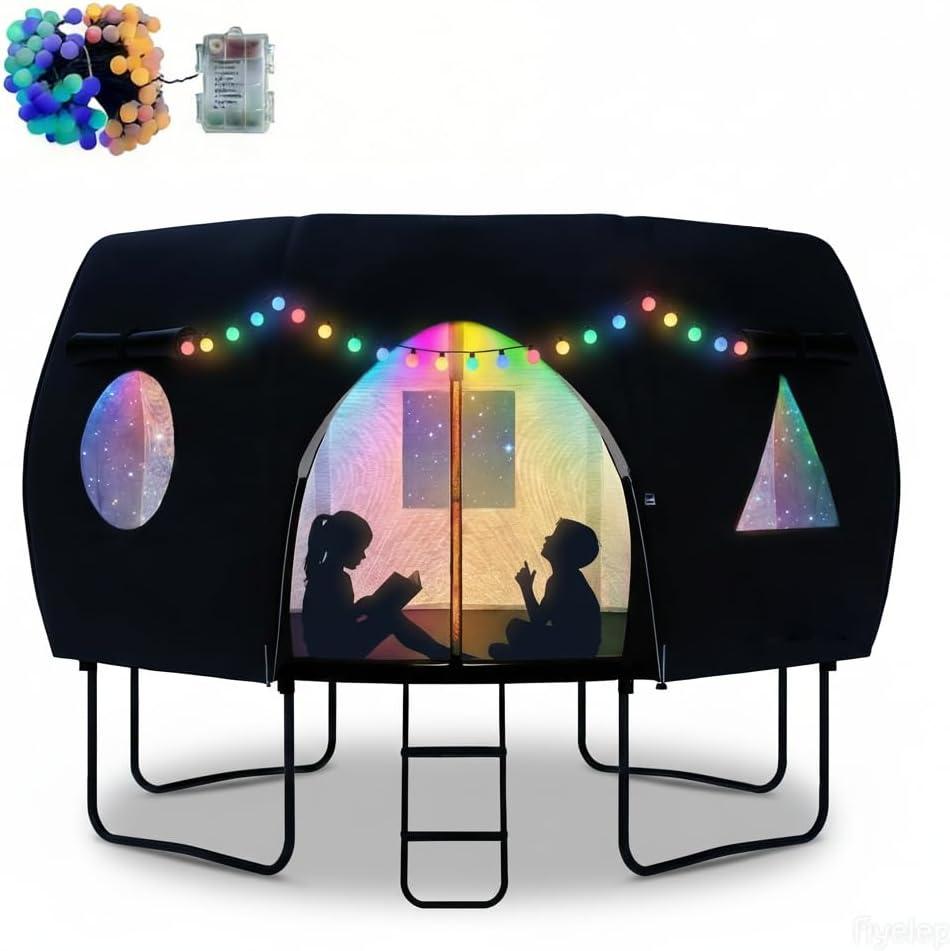 12FT Trampoline Round Tent(Tent ONLY) Fits 12FT Frame 8 Curved Poles with LED Lights, Trampoline Tent Cover Oxford Cloth Trampoline Sunshade Tear-Resistant, Rainproof, Outdoor Camping Suitable - Black