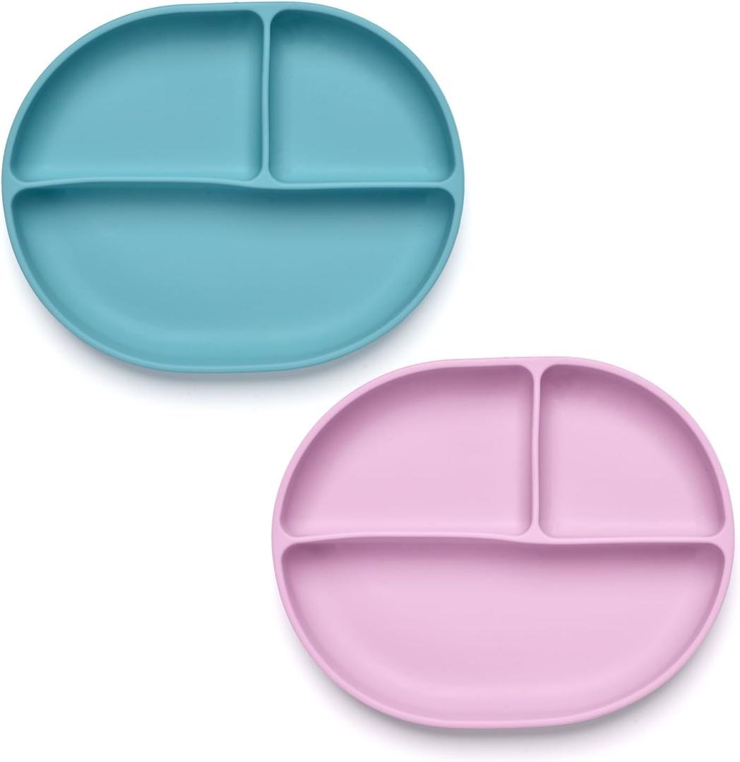 Silicone Plate Set, 100% food-grade silicone material, with suction cups at the bottom, Baby Led Weaning Supplies (Blue, pink)