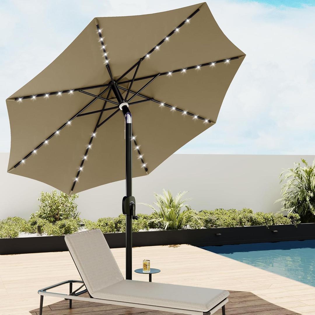 EAST OAK Patio Umbrella, 9 ft Outdoor Table Umbrella with 40 LED Solar Lights and 8 Ribs, 1.9inch Aluminum Pole, UPF 50+ Fade Resistant and Push Button Tilt for Deck and Poolside, Tan