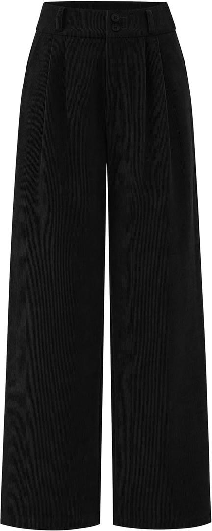 KIRUNDO Corduroy Pants Women High Waisted Wide Leg Pants Casual Winter Chenille Straight Loose Comfy Trousers with Pockets(Black, 4)