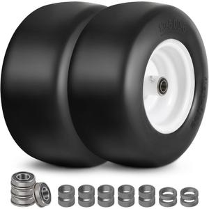 Lawn Mower Tires 13x5.006 (2Pack), Flat Free Solid Smooth Tread, Front Tire Assembly Replacement, Universal Fit for Commercial/Residential Mowers with Adapter Kit, 3/4" Bushing (Black)