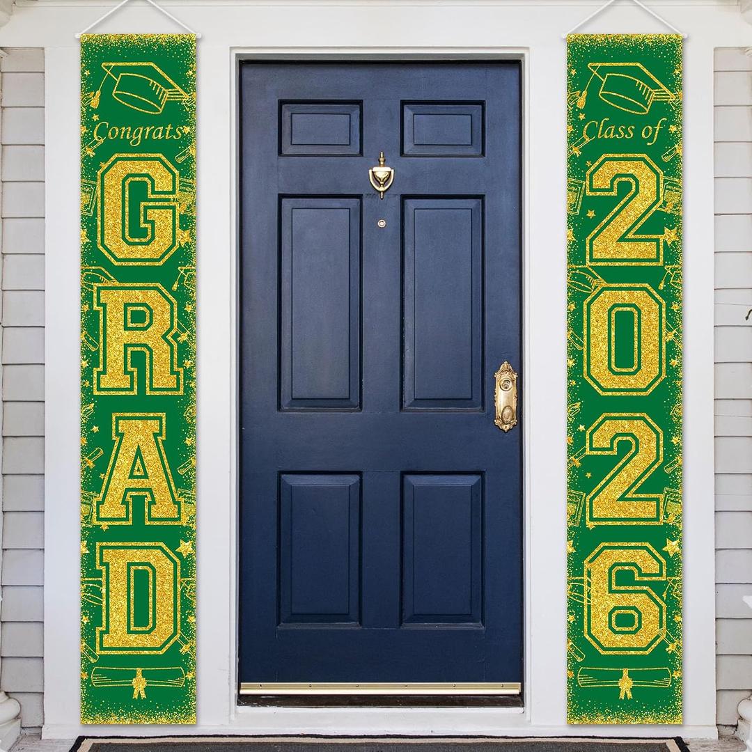 3 x Green and Gold Class of 2026 Graduation Banner Graduation Porch Sign Congrats Grad Banner for Graduates Party Decorations Supplies