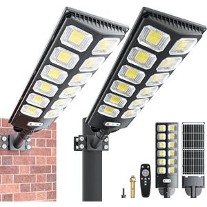 Solar Street Lights Outdoor Waterproof, IP66 15000LM 6500K Solar Flood Lights Dusk to Dawn Wide Angle Motion Sensor and Remote,Upgrade Fixing Rod (2 Pack)