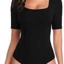 TQD Women's Square Neck Bodysuit Short Sleeve Bodysuit for Women Elbow Sleeve Tshirt Body Suit Top (Medium)