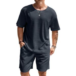 Vssjavun Mens Short Sets 2 Pieces Outfits Waffle Knit Lounge Set Short Sleeve Summer Casual Tracksuit (Large, Deep Grey)