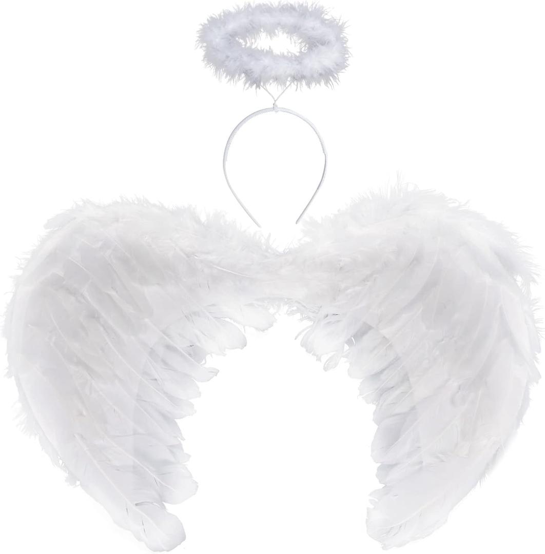 Angel Wings Feather Wings and Halo Headband for Cosplay Party Costume Halloween Dress Up Props Christmas Decoration (White)