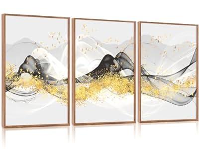 Aurlan Abstract Black Gold Luxury Wall Art Set(16"x24"), 3 Pieces Modern Swirl Ribbon Framed Canvas Artwork with Foil Graffiti, Large Minimalist Lines Scandinavian Wall Decor for Office Bedroom Living Room
