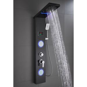 ELLO&ALLO Shower Panel System Tower, LED Rainfall and Mist Head Rain Massage Stainless Steel Bathroom Fixtures with LED Body Jets, Brushed Black