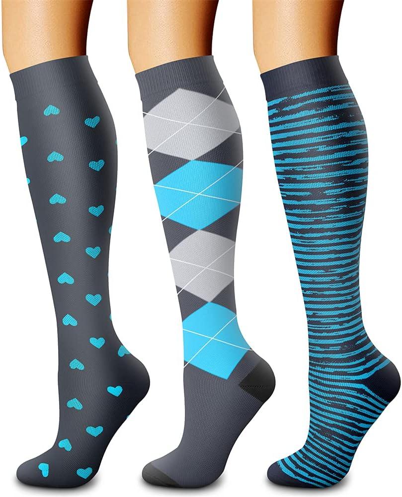 CHARMKING Compression Socks for Women & Men Circulation (3 Pairs) 15-20 mmHg is Best Support for Athletic Running Cycling (Small-Medium, 14 Grey/Blue/Grey)