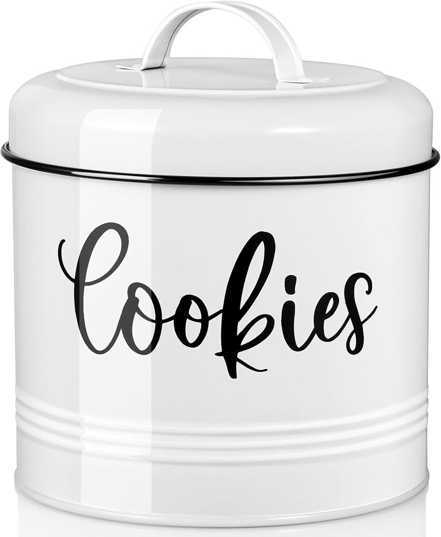 DAYYET Farmhouse Cookie Jar for Kitchen Counter, 1 Gallon Vintage Cookie Jar with Airtight Lid, Large Food Storage Container for Candy, Cookies, Dessert, Rustic Kitchen Decor and Accessories (White)