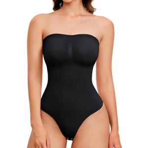 Strapless Thong Bodysuit for Women Seamless Tummy Control Shapewear Body Shaper -Removable Strap Tube Top Leotard (Large, Black)