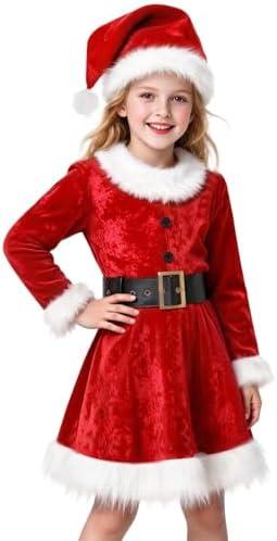 Gomukot Direct Girls Mrs. Santa Claus Costume Girls Christmas Dress for Kids Xmas Cosplay Party (9-10 Years)