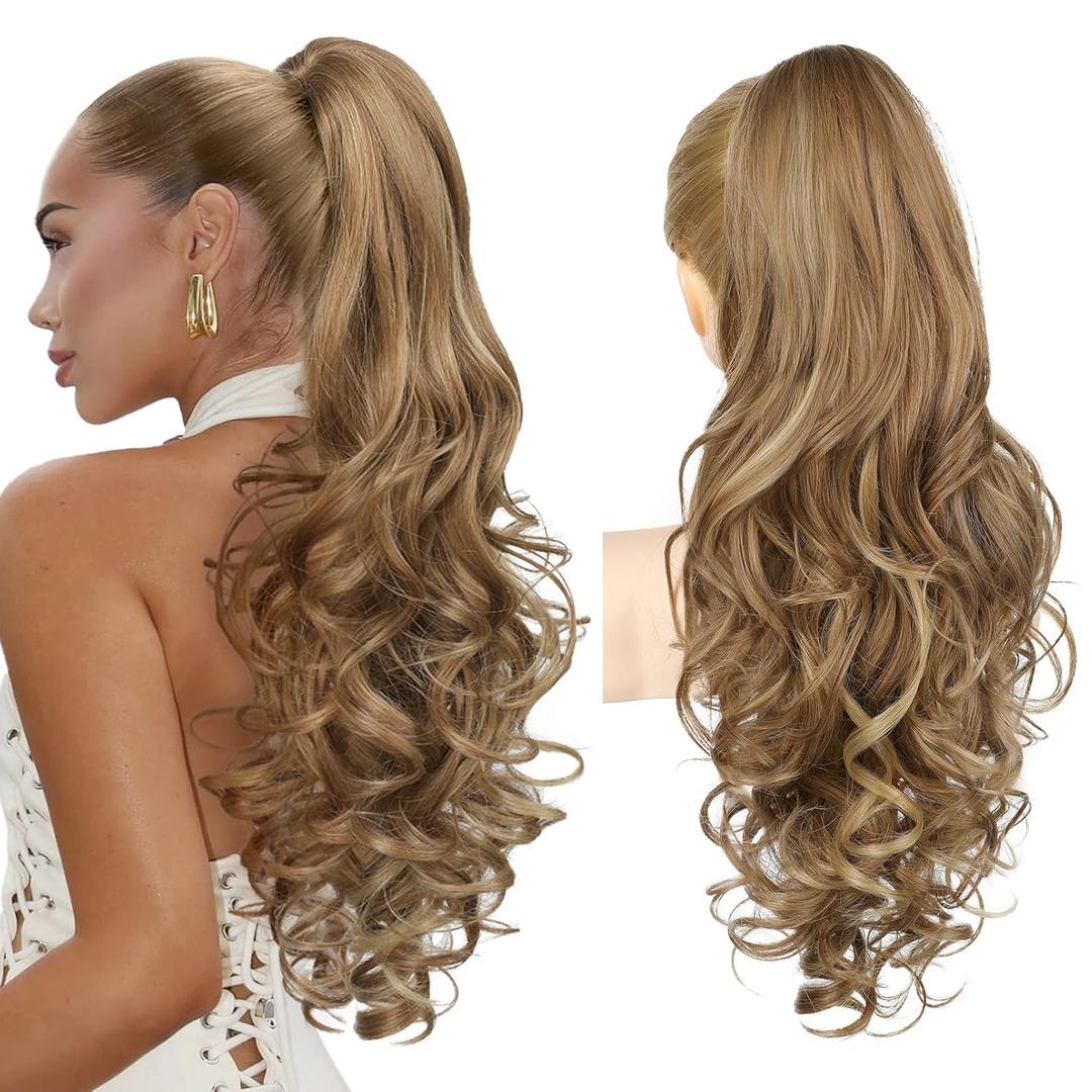 REECHO Ponytail Extension, 24" Claw Clip in Long Curly Wavy Ponytail Hair Extension Jaw Clip on Pony Tails Hairpiece for Women - Light Brown with Highlights