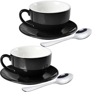Porcelain Coffee Cup with Saucer 220ml/7.3oz for Cappuccino, Latte, and Tea, Black, Set of 2