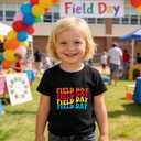 HELLO MEOW Field Day Shirts for Kids with Cute Graphic Crewneck Cotton T-Shirt for Boys & Girls (5-8 Years) (US, Age, 6 Years, 7 Years, Black Rainbow Font)