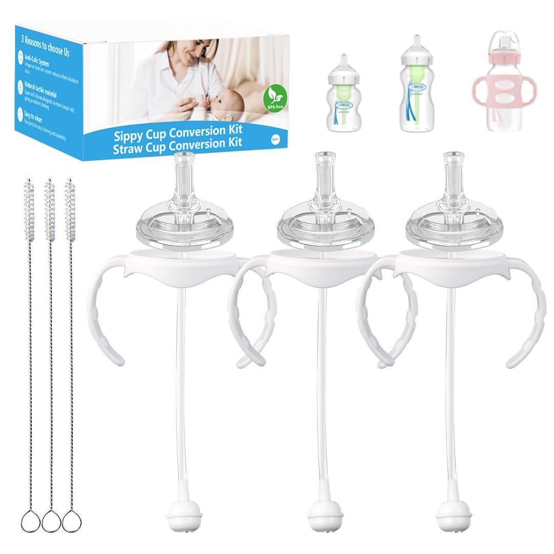 Straw Cup Conversion Kit Compatible with Dr. Brown's Wide-Neck Baby Bottles,Toddler Transition Kit with Soft Straw Nipple,Bottle Handles,Storage Bottle Caps (Model 2)
