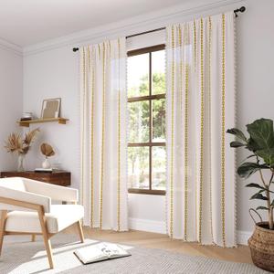 Boho Linen Curtains 63 Inch Length, Embroidered Striped Tassel Curtains 2 Panel Sets, Light Filtering Window Drapes for Living Room, Bedroom, Dining Room
