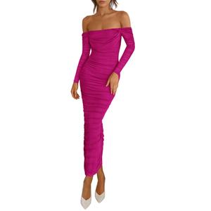 PRETTYGARDEN Womens 2026 Fall Long Sleeve Maxi Dress Off Shoulder Mesh Ruched Bodycon Trendy Long Wedding Guest Dresses (Rose Red,X-Large) (Pink, XL)